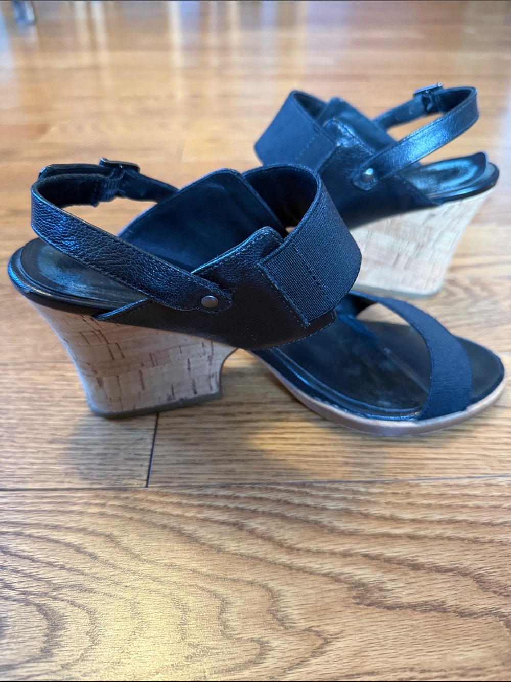 Eileen Fisher Black Cork Wedge Sandals with Elastic Strap Accent